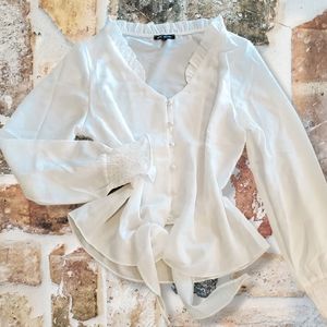 Michell White Long Sleeve Botton Up Flowy Tie Front Blouse